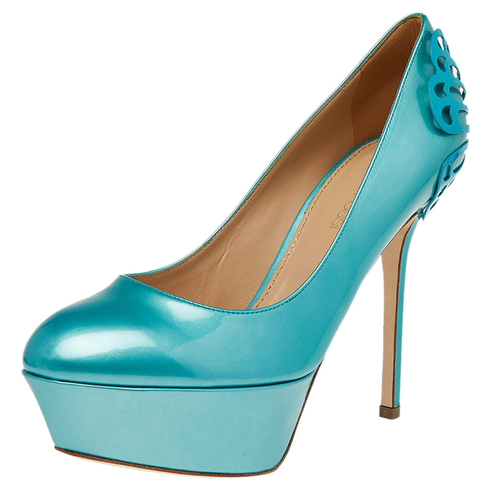 luxury-women-sergio-rossi-used-shoes-p496859-003 Sergio Rossi Green Patent Leather Butterfly Plaque Platform Pumps Size 36