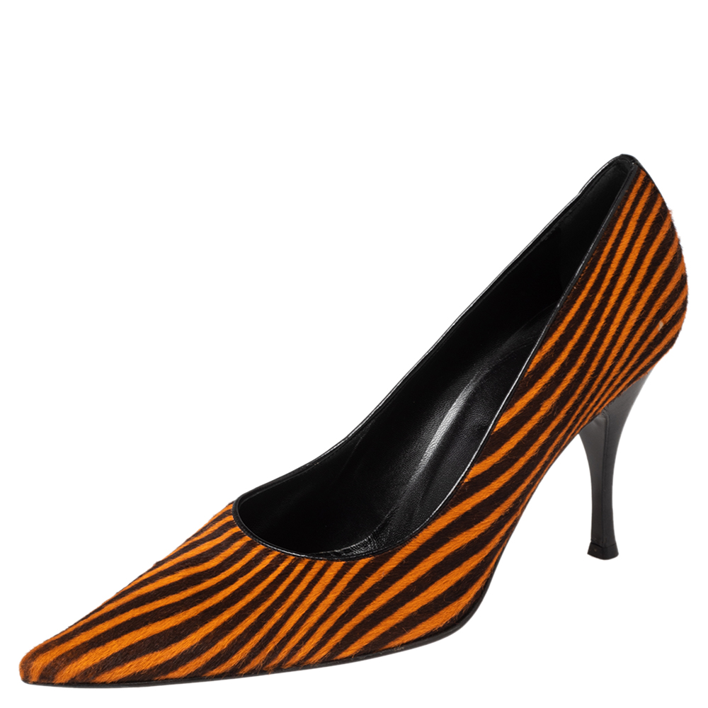 luxury-women-sergio-rossi-used-shoes-p508061-004-2 Sergio Rossi Orange/Brown Stripes Print Pony Hair Pointed Toe Pumps Size 41