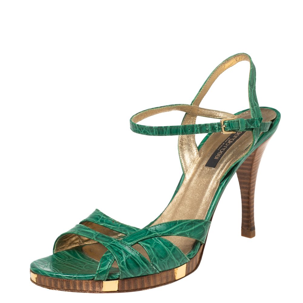 luxury-women-sergio-rossi-used-shoes-p569293-009-2 Sergio Rossi Green Croc Embossed Leather Ankle-Strap Sandals Size 41