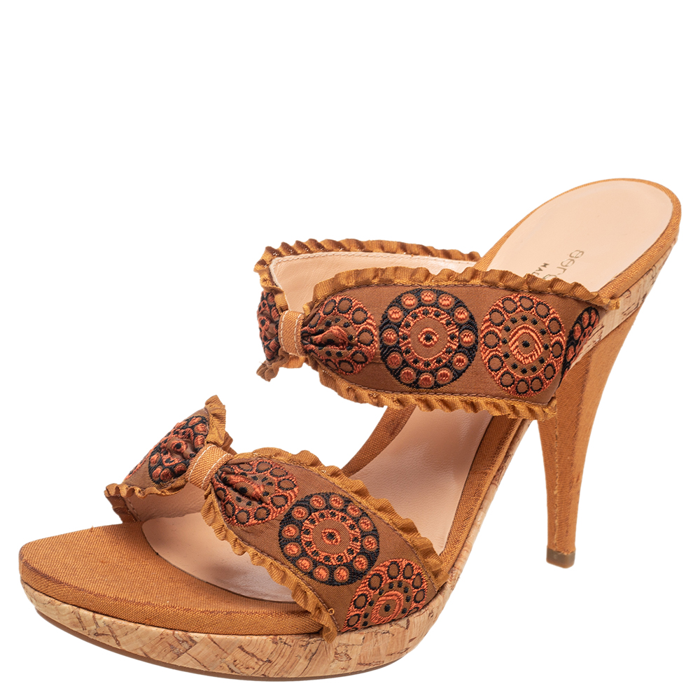 luxury-women-sergio-rossi-used-shoes-p569432-004-2 Sergio Rossi Mustard Brown Embroidered Fabric Double Bow Strap Slide Sandals Size 41