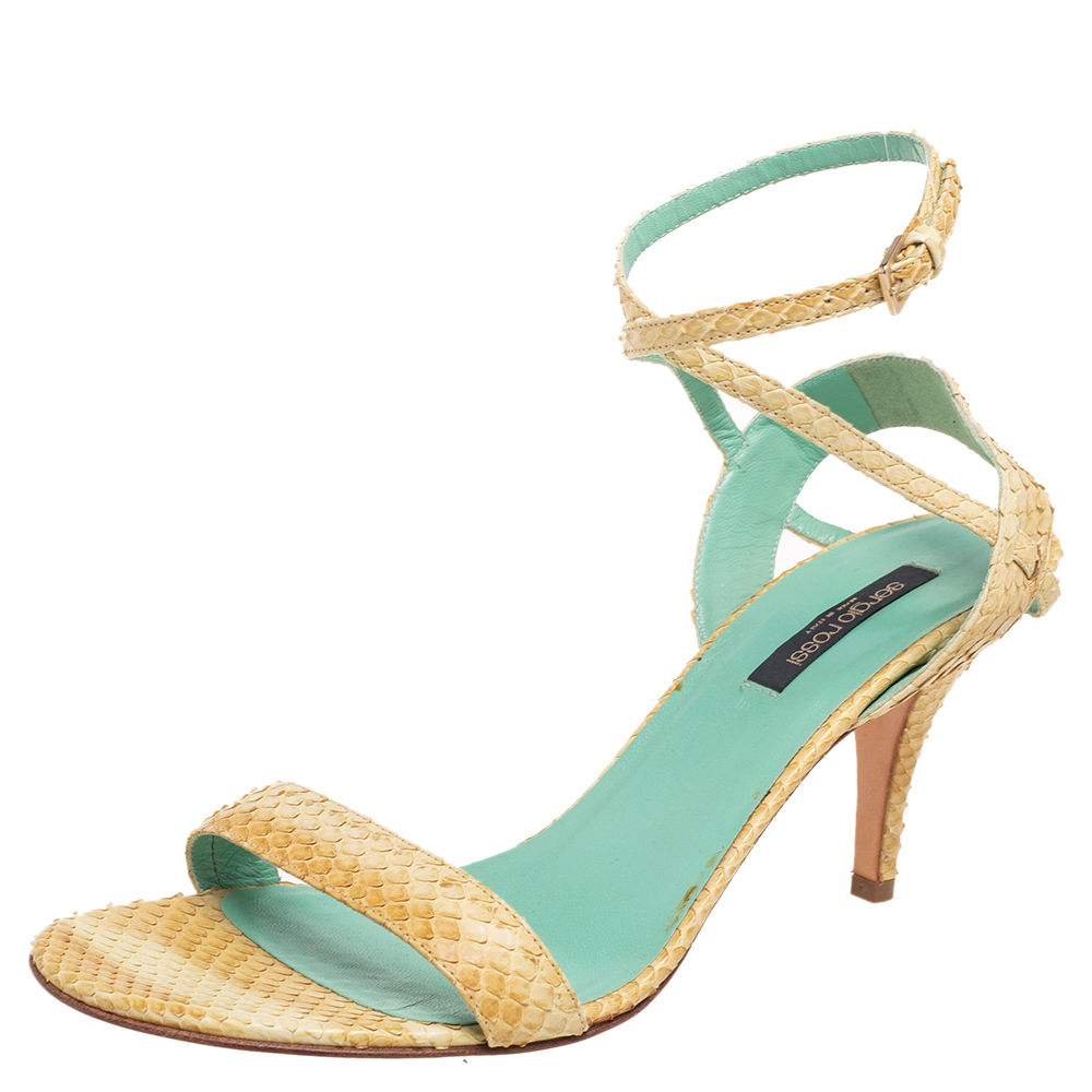 luxury-women-sergio-rossi-used-shoes-p569443-007-1 Sergio Rossi Yellow Python Leather Ankle Strap Sandals Size 41