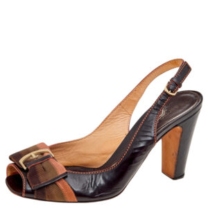 Sergio Rossi Dark Brown Leather And Fabric Peep Toe Sandals Size 38