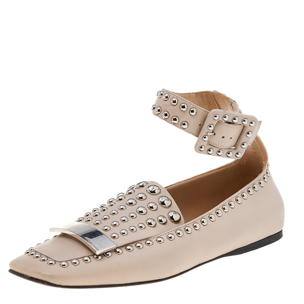 luxury-women-sergio-rossi-used-shoes-p571130-006-2 Sergio Rossi Beige Leather Studded Buckle Ankle Cuff Flats Size 39
