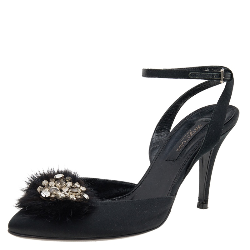 luxury-women-sergio-rossi-used-shoes-p596390-1645599053-010-2 Sergio Rossi Black Fur And Satin Crystal Embellished Pointed Toe Ankle Strap Sandals Size 36