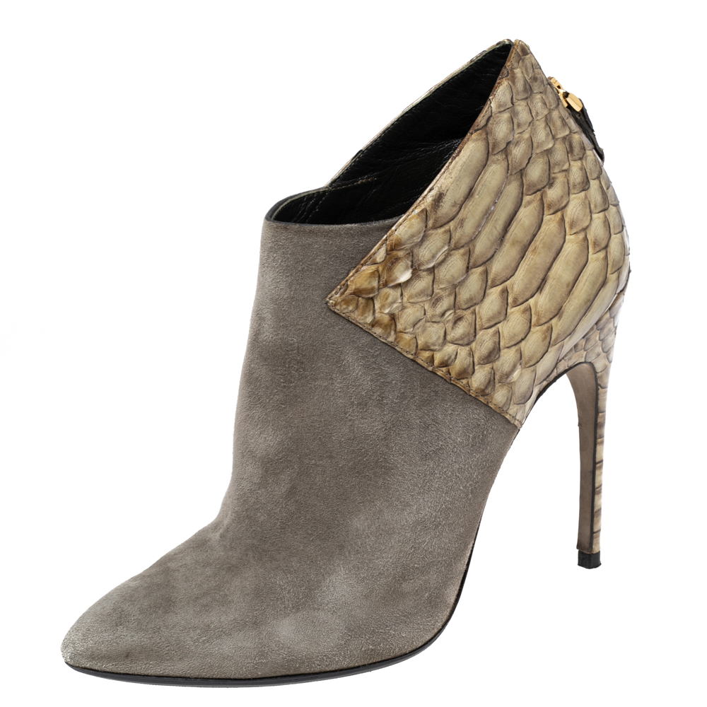 luxury-women-sergio-rossi-used-shoes-p606553-007-2 Sergio Rossi Light Olive Green Suede and Python Leather Ankle Booties Size 39