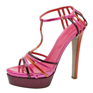 Sergio Rossi Multicolor Patent Leather T-Strap Platform Sandals Size 40