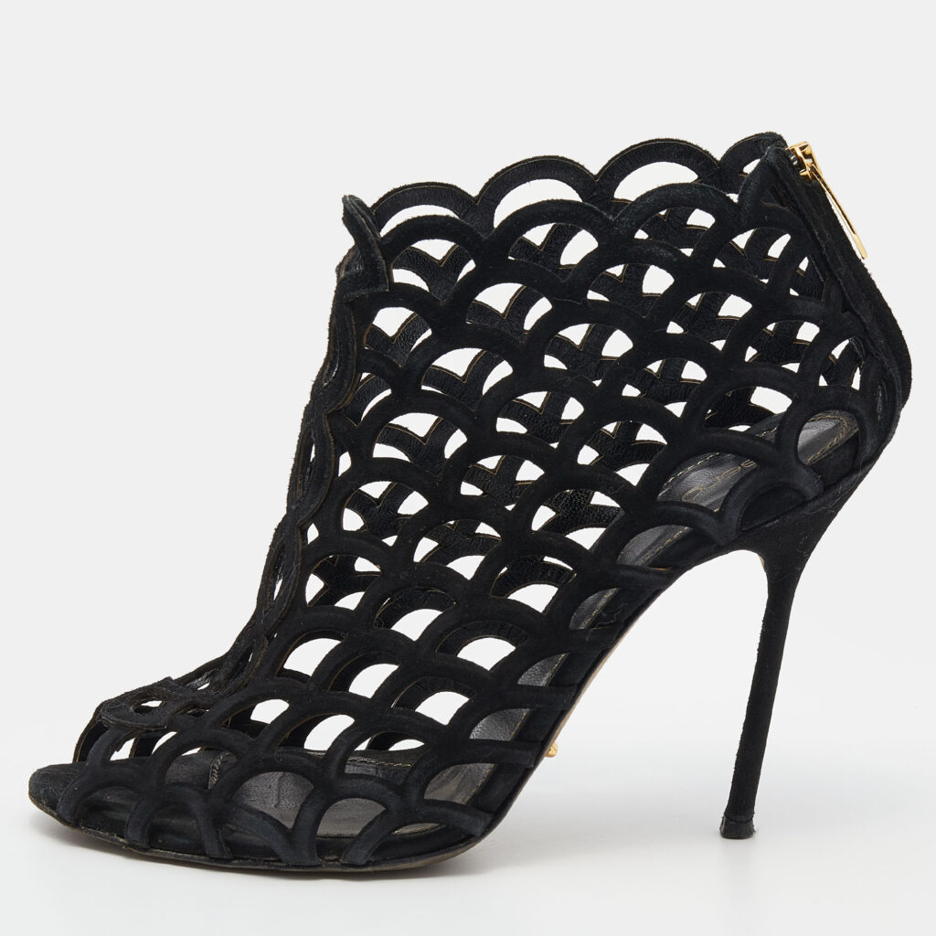 luxury-women-sergio-rossi-used-shoes-p634050-002-1 Sergio Rossi Black Suede Cut Out Open Toe Ankle Length Booties Size 36