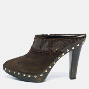 Sergio Rossi Brown Lizard Embossed Leather and Suede Studded Platform Mules Size 38