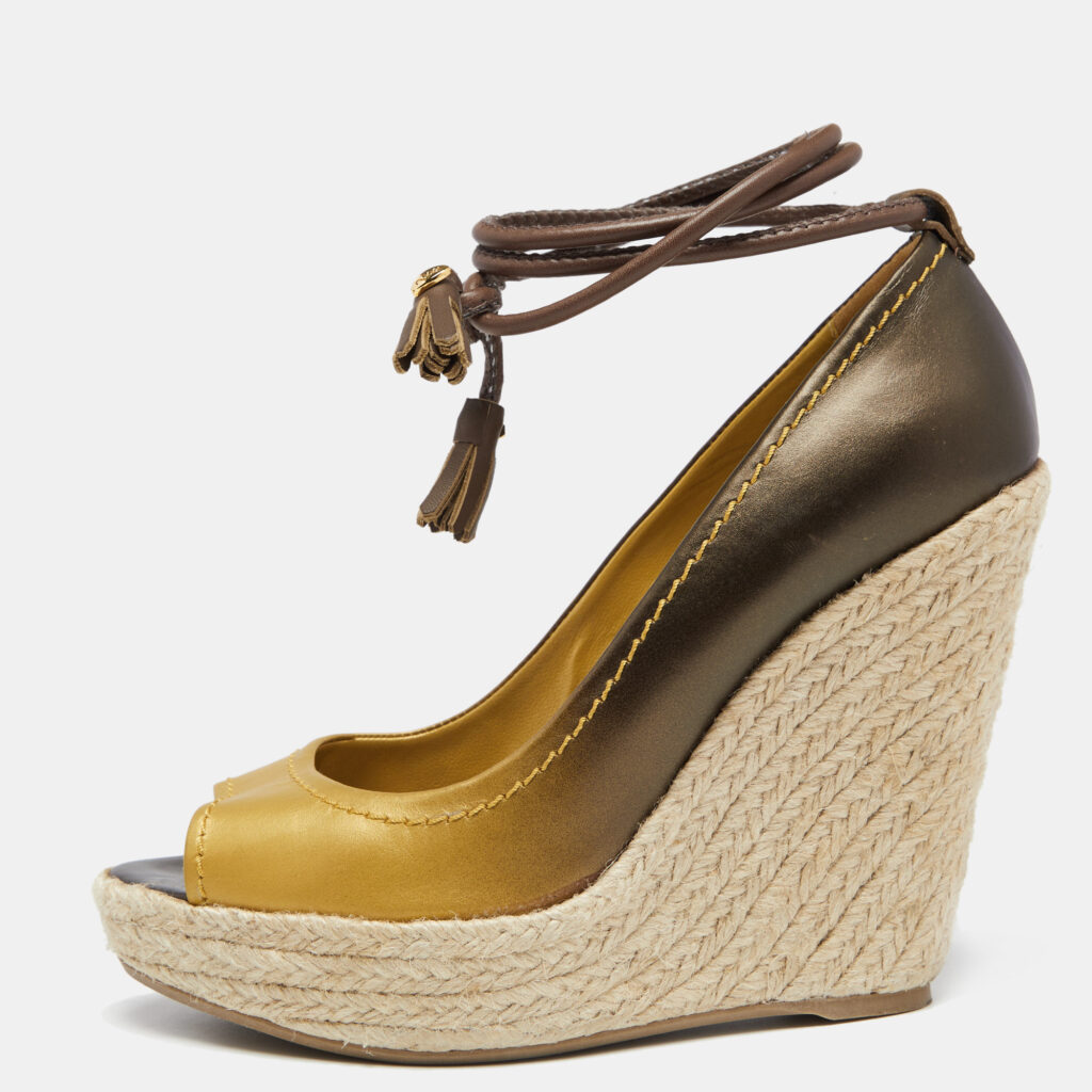 luxury-women-sergio-rossi-used-shoes-p647864-001-1 Sergio Rossi Ombre Gold Leather and Jute Ankle Wrap Wedge Pumps Size 39.5