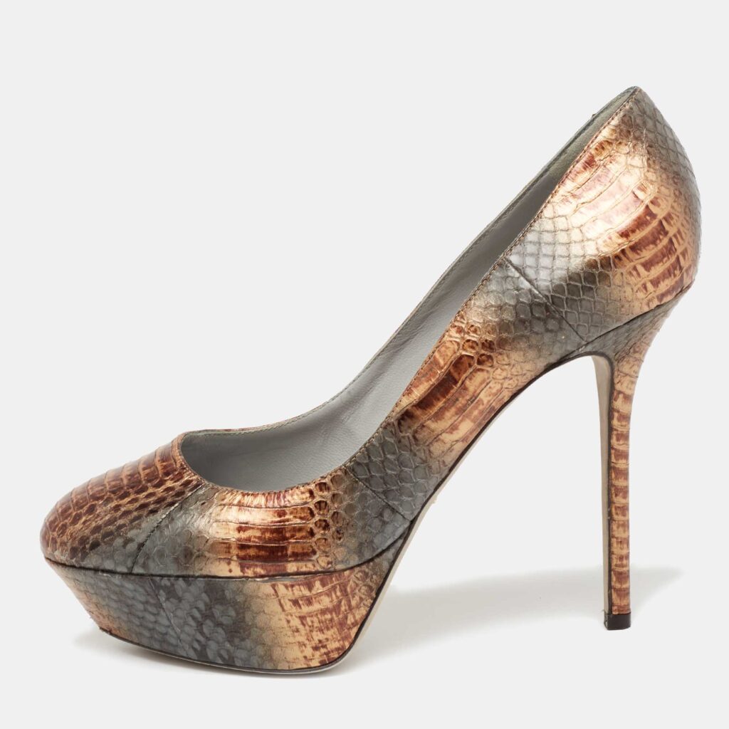 luxury-women-sergio-rossi-used-shoes-p648256-003-2 Sergio Rossi Metallic Brown/Grey Water Snake Platform Pumps Size 39
