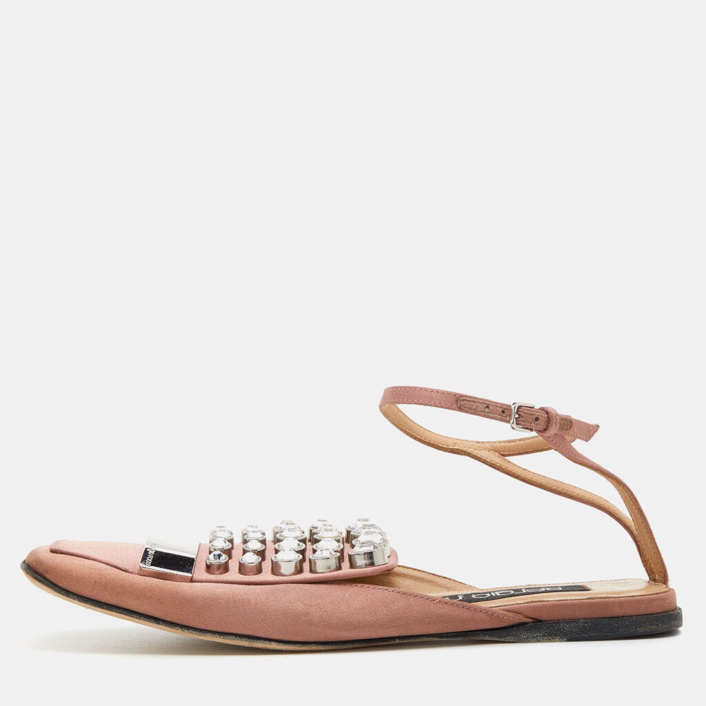 luxury-women-sergio-rossi-used-shoes-p649027-003-2 Sergio Rossi Old Rose Satin Crystal Embellished Ankle Strap Flats Size 36