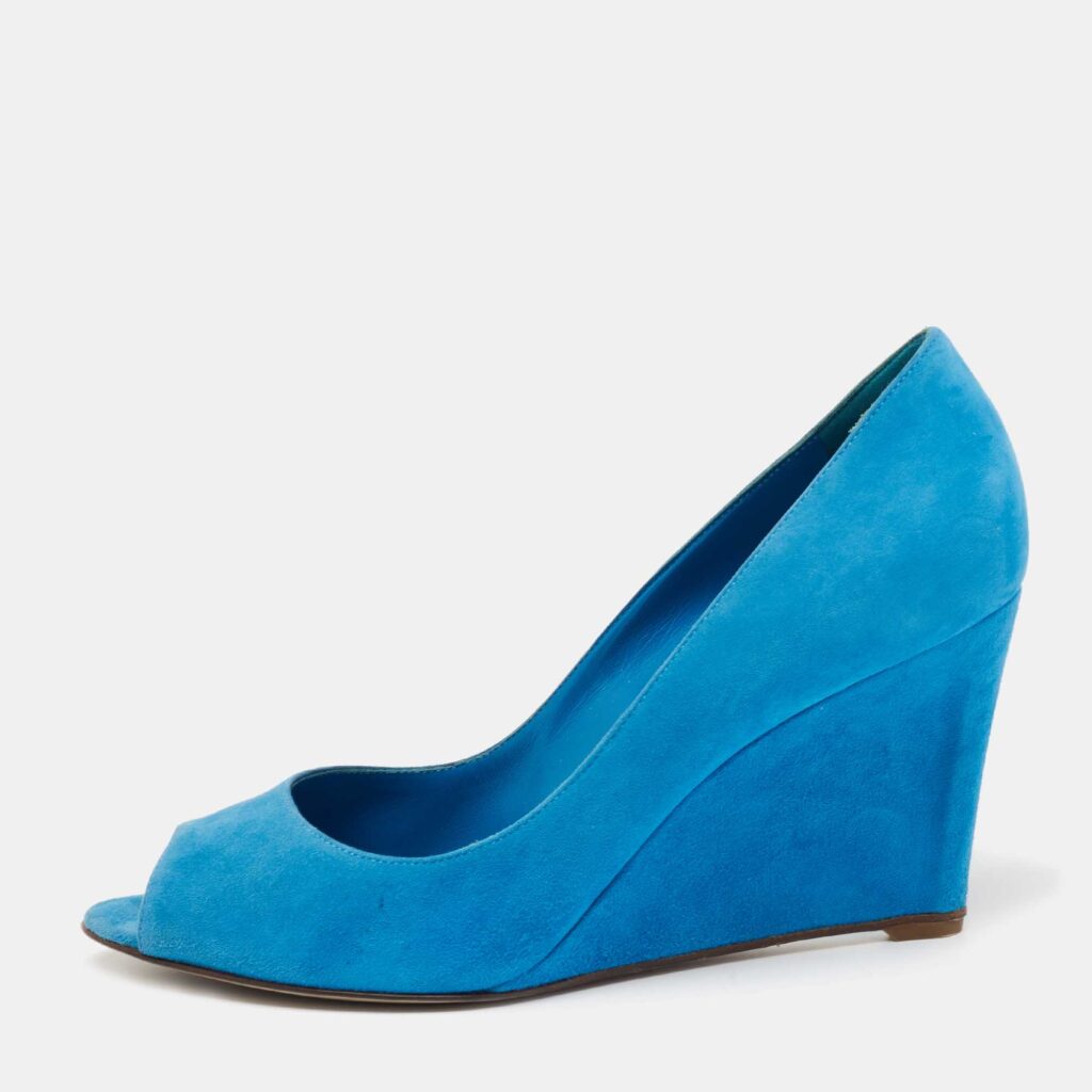 luxury-women-sergio-rossi-used-shoes-p650781-003-2 Sergio Rossi Blue Suede Peep Toe Wedge Pumps Size 40.5