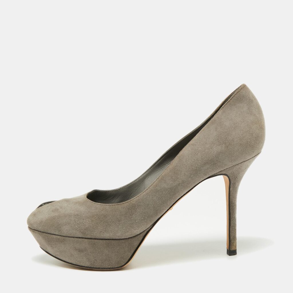 luxury-women-sergio-rossi-used-shoes-p670600-001-1 Sergio Rossi Grey Suede Peep Toe Platform Pumps Size 38.5