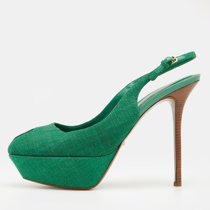 luxury-women-sergio-rossi-used-shoes-p672385-1657882294-010-1 Sergio Rossi Green Canvas Platform Peep Toe Ankle Strap Sandals Size 40