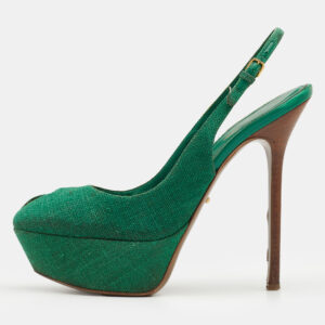 Sergio Rossi Green Canvas Cachet Peep Toe Platform Slingback Sandals Size 37