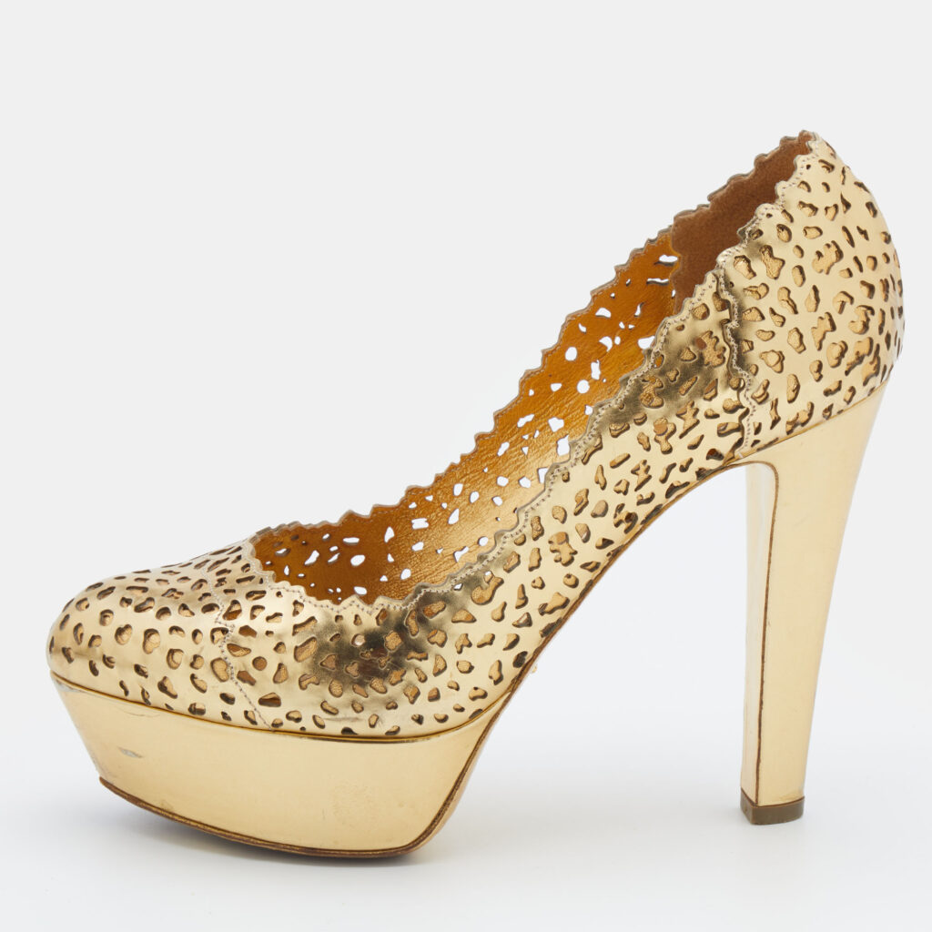 luxury-women-sergio-rossi-used-shoes-p688409-002-1 Sergio Rossi Metallic Gold Laser Cut Leather Platform Pumps Size 36.5