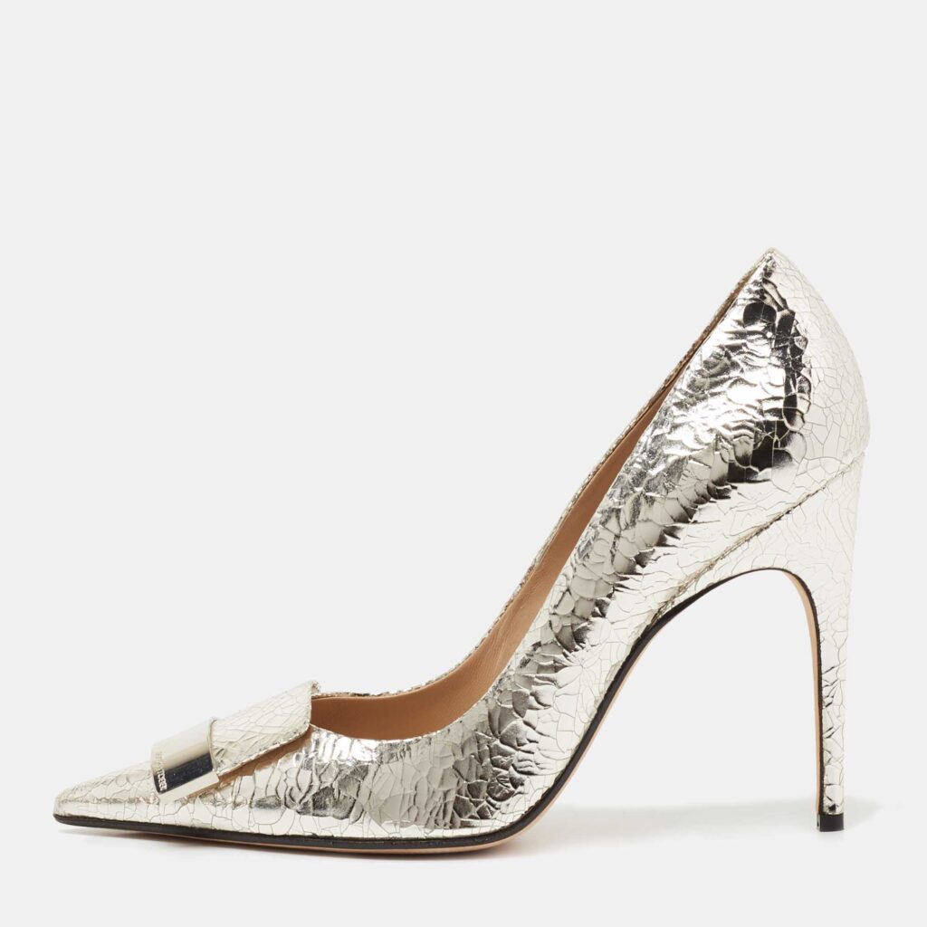 luxury-women-sergio-rossi-used-shoes-p715719-003 Sergio Rossi Silver Croc Embossed Leather Pumps Size 40