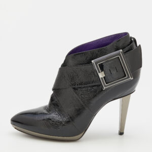Sergio Rossi Black Patent Leather Buckle Detail Ankle Length Boots Size 37