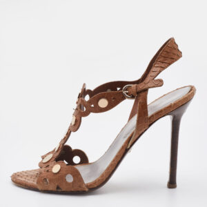 Sergio Rossi Brown Python Embossed Leather T-Strap Sandals Size 37