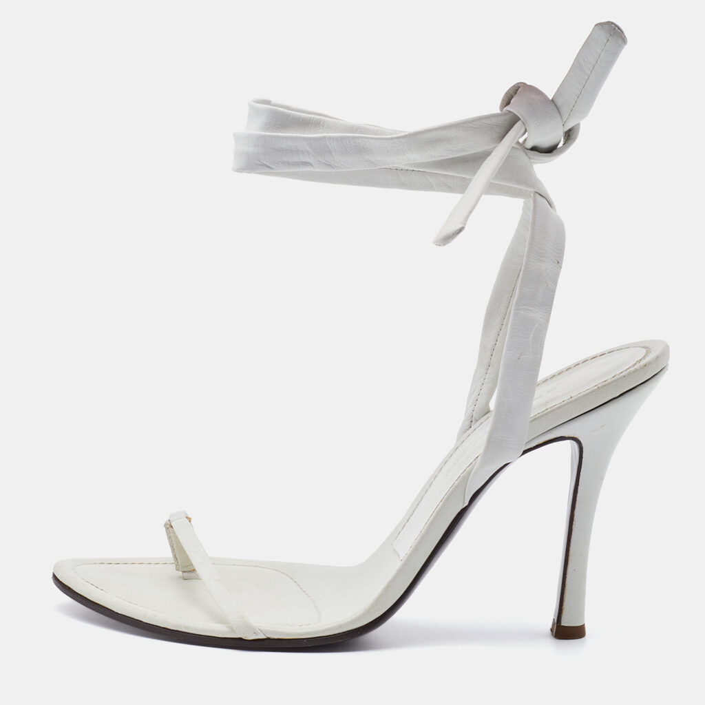 Sergio Rossi White Leather Ankle Wrap Sandals Size 38