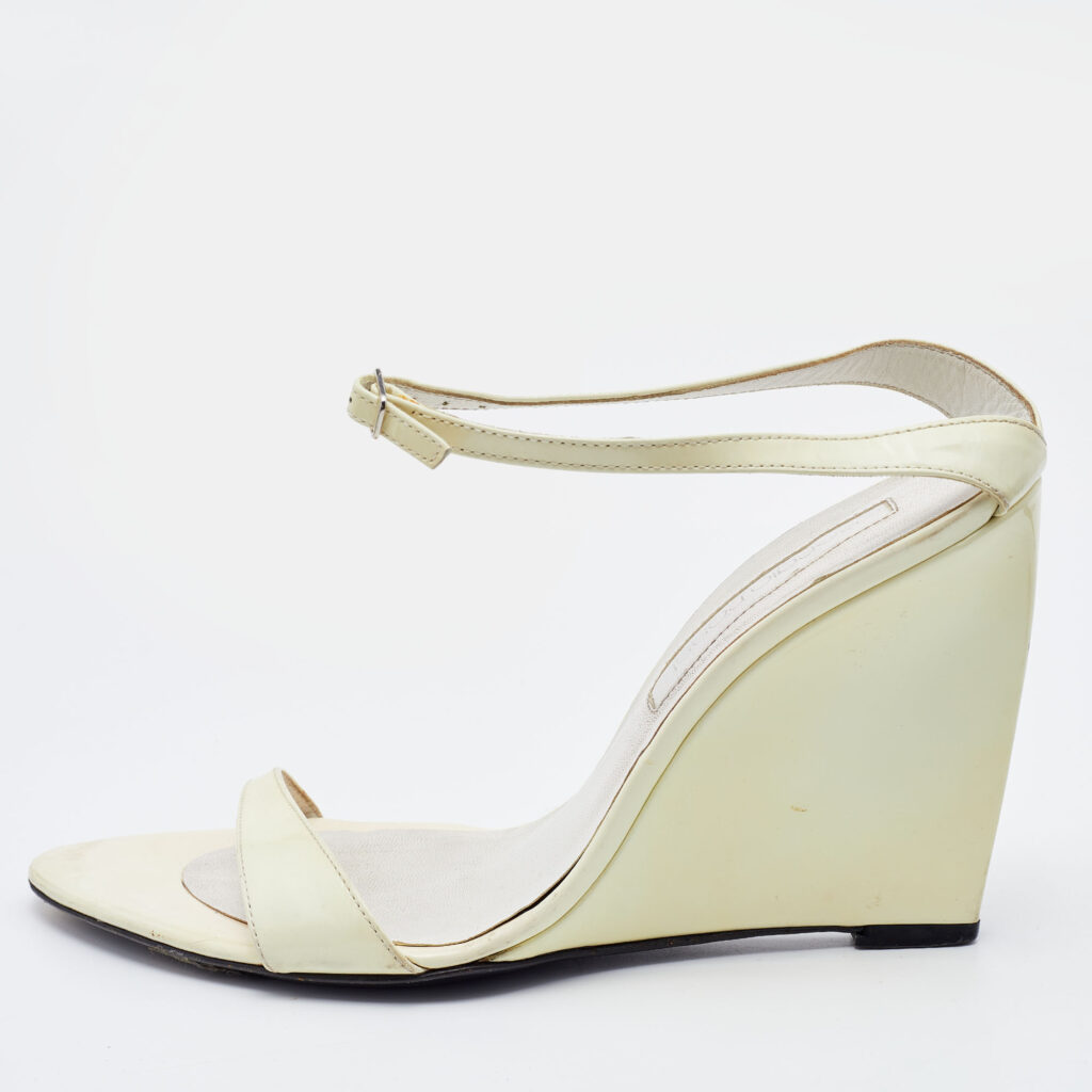 Sergio Rossi Off White Patent Leather Wedge Sandals Size 38