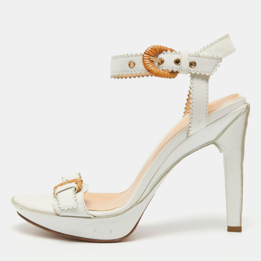Sergio Rossi White Leather Buckle Toe Platform Sandals Size 38