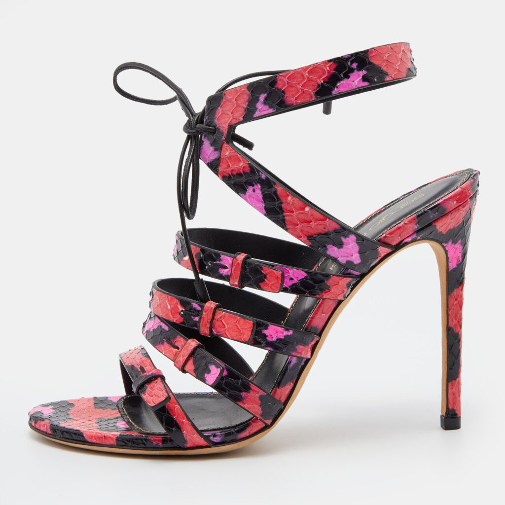 luxury-women-sergio-rossi-used-shoes-p761744-002 Sergio Rossi Pink/Black Python Leather Ankle Tie Up Strappy Sandals Size 36