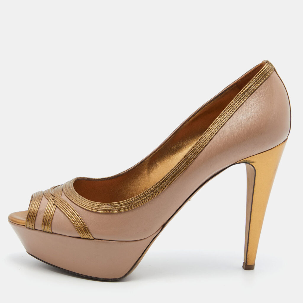luxury-women-sergio-rossi-used-shoes-p783053-010 Sergio Rossi Pink/Gold Leather Peep Toe Platform Pumps Size 40.5