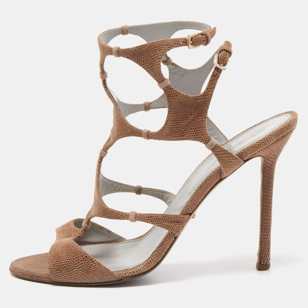luxury-women-sergio-rossi-used-shoes-p786240-001 Sergio Rossi Brown Textured Suede Ankle Strap Sandals Size 39.5