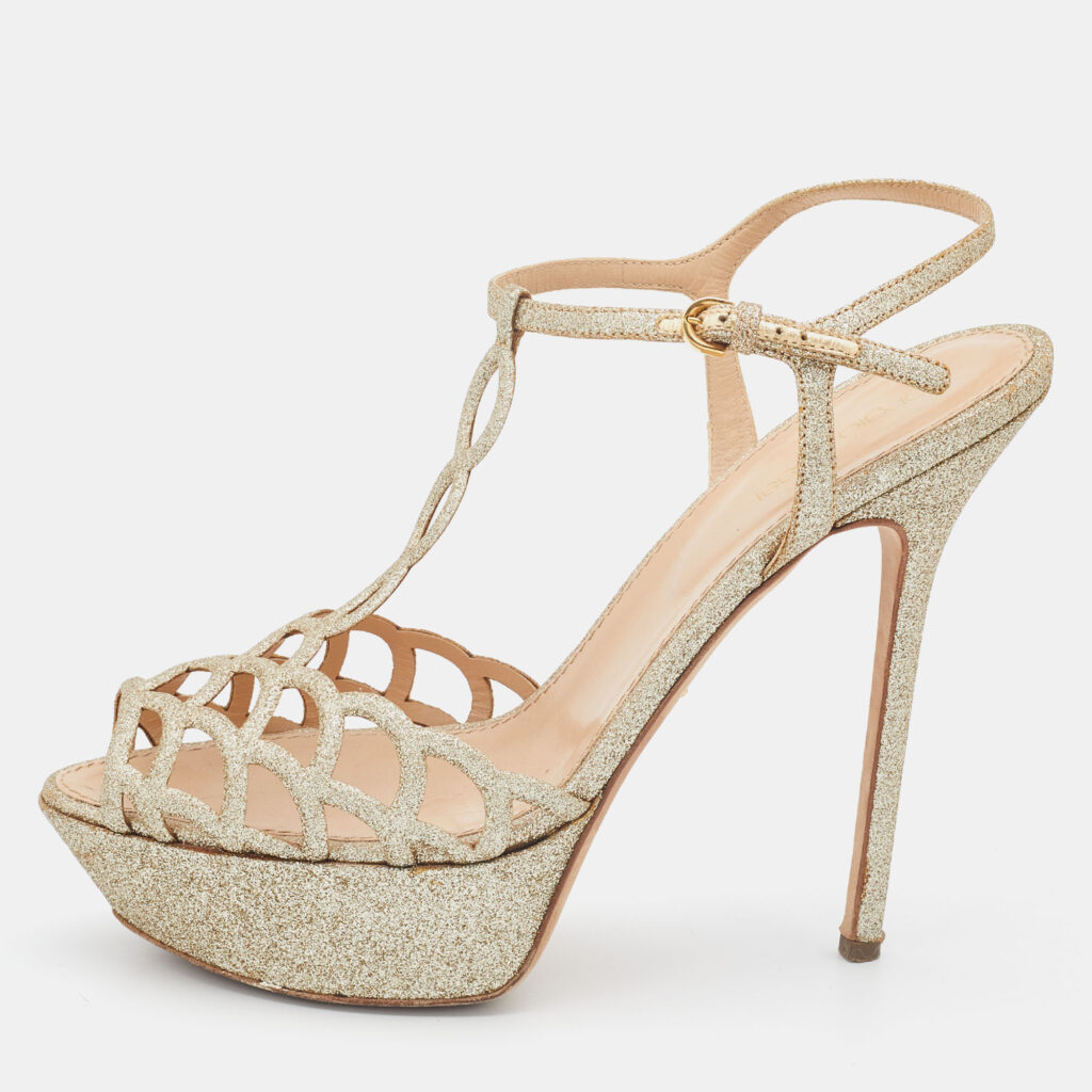 luxury-women-sergio-rossi-used-shoes-p804209-010 Sergio Rossi Gold Glitter Leather Laser Cut Out Platform Sandals Size 40