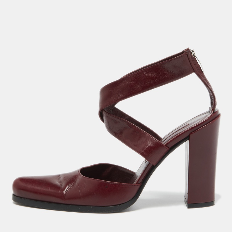 luxury-women-sergio-rossi-used-shoes-p809772-1685599256-010 Sergio Rossi Burgundy Leather Cross Ankle Strap Pumps Size 38.5