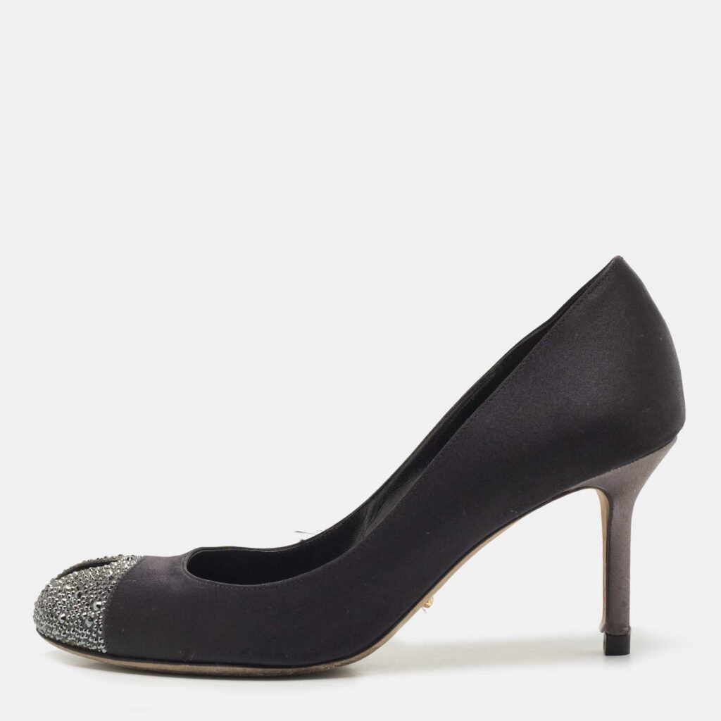 luxury-women-sergio-rossi-used-shoes-p835999-003 Sergio Rossi Black Satin Crystal Embellished Cap Toe Pumps Size 39