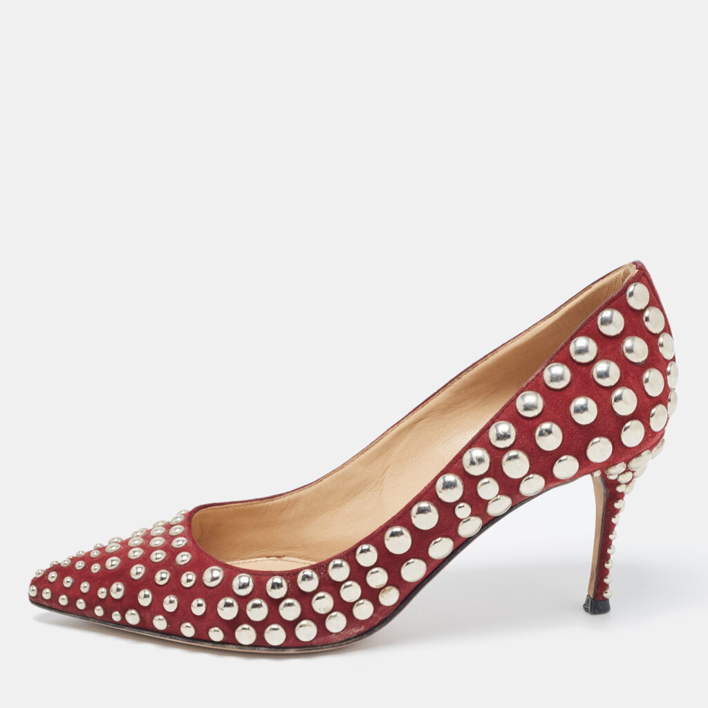 luxury-women-sergio-rossi-used-shoes-p847201-003 Sergio Rossi Burgundy Suede Embellished Pointed Toe Pumps Size 35.5