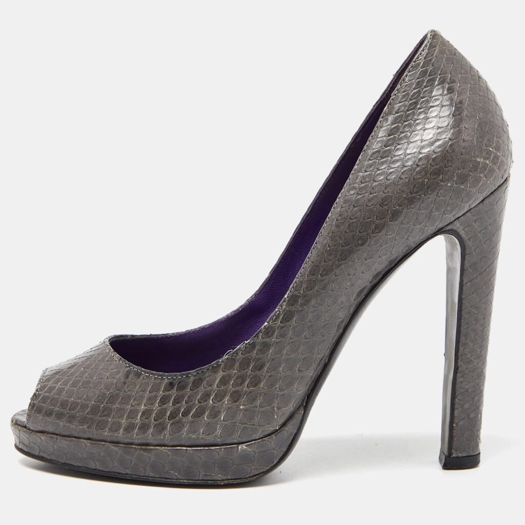 luxury-women-sergio-rossi-used-shoes-p865629-004 Sergio Rossi Grey Watersnake Leather Peep Toe Pumps Size 36.5