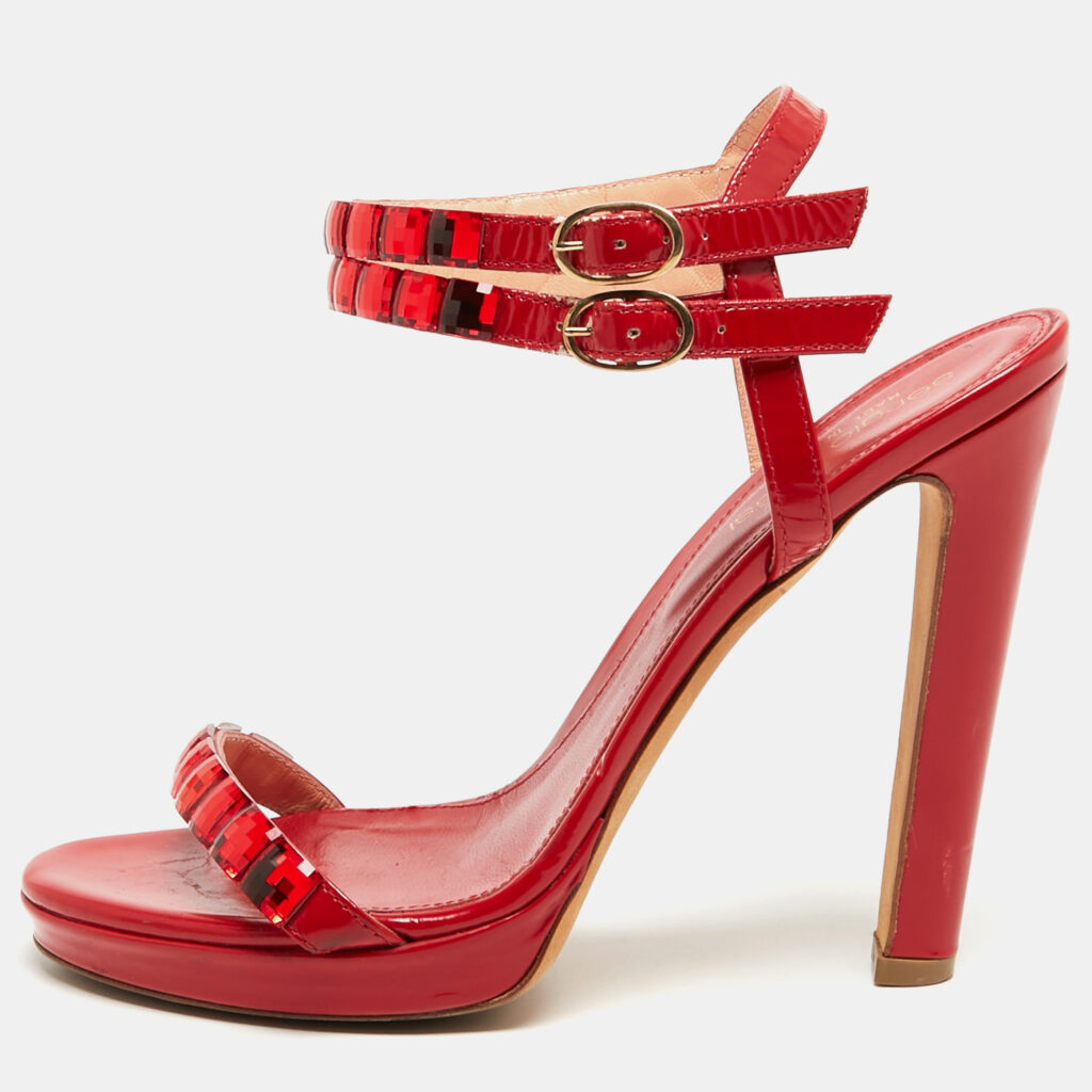 luxury-women-sergio-rossi-used-shoes-p895078-005 Sergio Rossi Red Leather Crystal Embellished Ankle Strap Sandals Size 37
