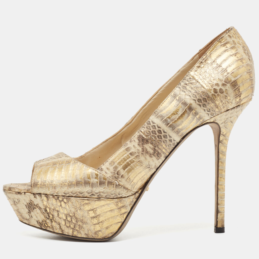 luxury-women-sergio-rossi-used-shoes-p910977-004 Sergio Rossi Beige/Gold Water Snake Embossed Leather Peep Toe Pumps Size 38.5