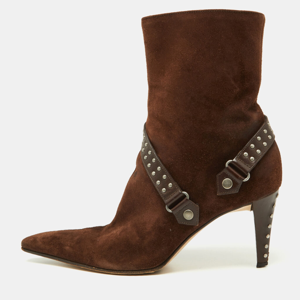 luxury-women-sergio-rossi-used-shoes-p930702-003 Sergio Rossi Brown Suede and Leather Studded Ankle Boots Size 37