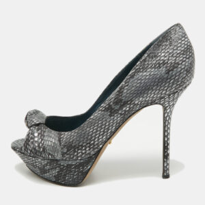 Sergio Rossi Grey/Blue Metallic Python Embossed  Peep Toe Pumps Size 40