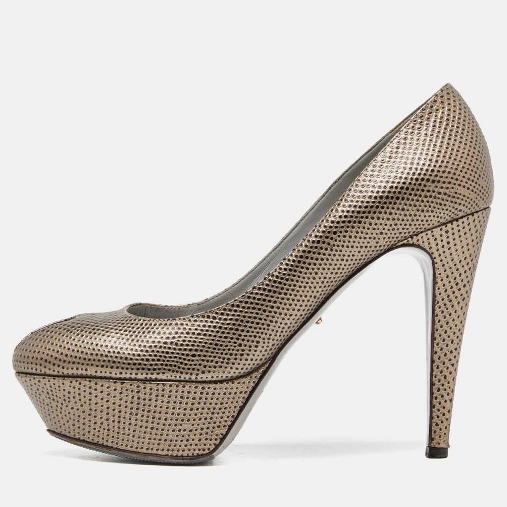 luxury-women-sergio-rossi-used-shoes-p954564-001 Sergio Rossi Grey Lizard Embossed Leather Peep Toe Platform Pumps Size 38.5