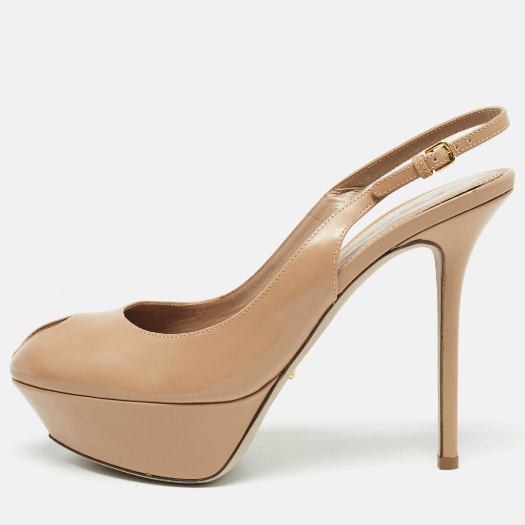 Sergio Rossi Beige Leather Peep Toe Slingback Pumps Size 38.5