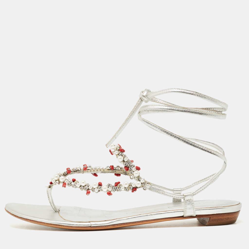 luxury-women-sergio-rossi-used-shoes-p965722-001 Sergio Rossi Silver Leather Crystal Embellished Ankle Wrap Flat Slides Size 37.5