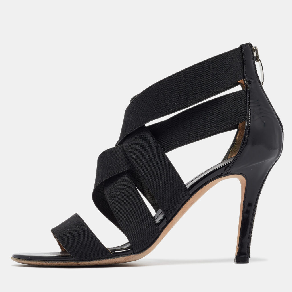 luxury-women-sergio-rossi-used-shoes-p965817-001 Sergio Rossi Black Patent and Fabric Strappy Sandals Size 36.5