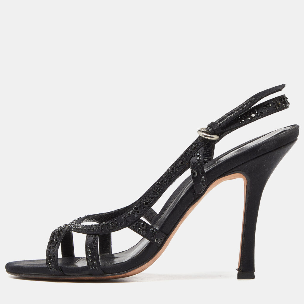 luxury-women-sergio-rossi-used-shoes-p968097-010 Sergio Rossi Black Satin Crystal Embellished Ankle Strap Sandals Size 37.5