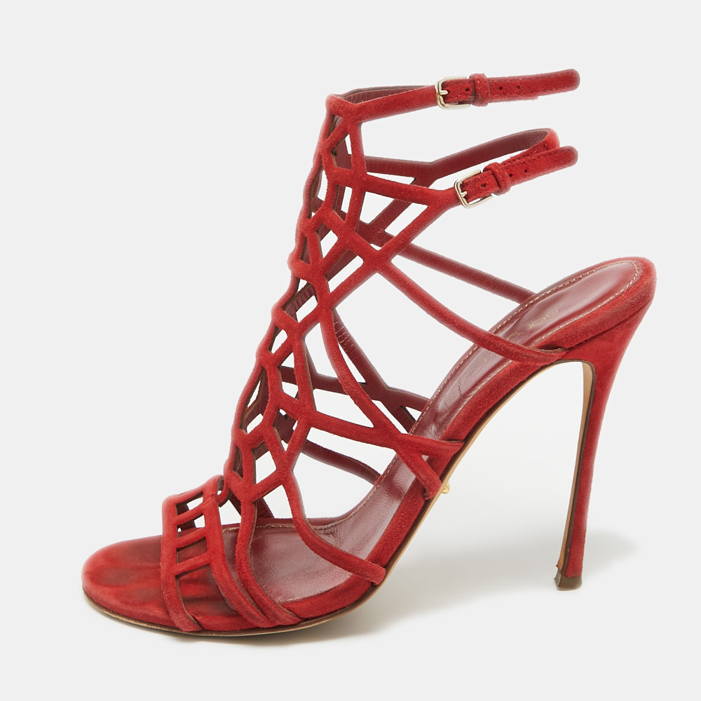 luxury-women-sergio-rossi-used-shoes-p969810-001 Sergio Rossi Red Suede Puzzle Caged Sandals Size 37