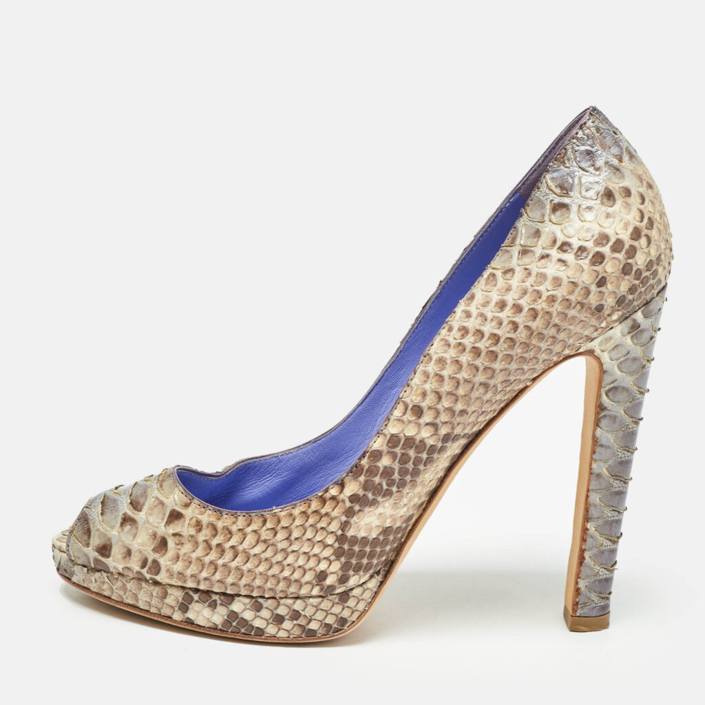 luxury-women-sergio-rossi-used-shoes-p980431-003 Sergio Rossi Beige Python Leather Peep Toe Pumps Size 37.5
