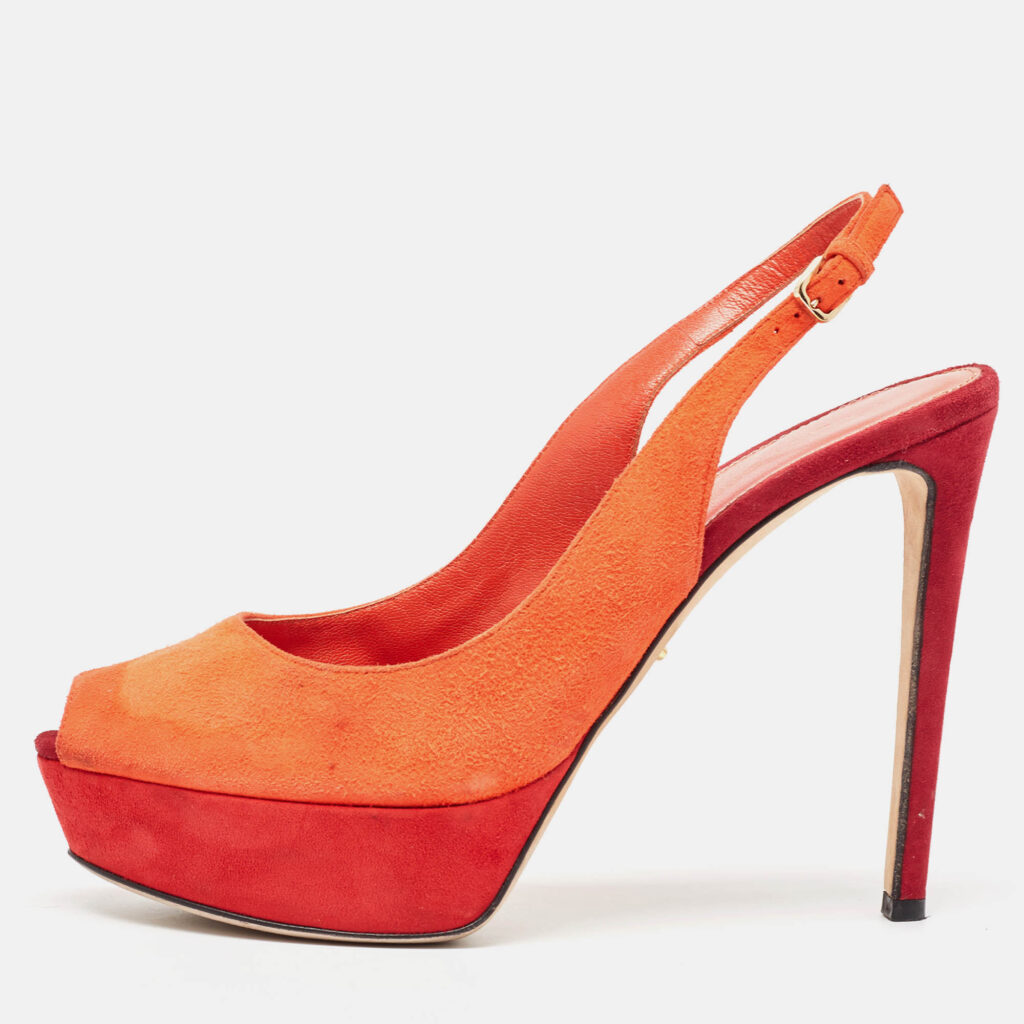 luxury-women-sergio-rossi-used-shoes-p990310-001 Sergio Rossi Orange Suede Peep Toe Platform Slingback Pumps Size 38