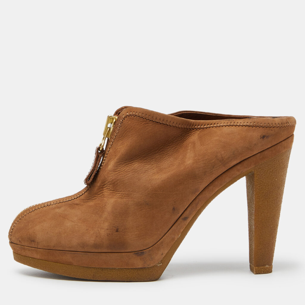 luxury-women-sergio-rossi-used-shoes-p996740-003 Sergio Rossi Brown Nubuck Leather Zip Platform Mules Size 38.5