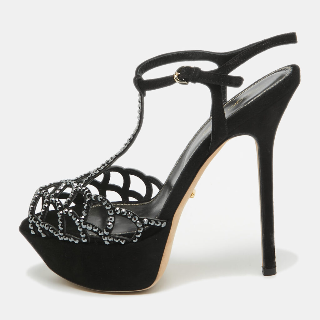 luxury-women-sergio-rossi-used-shoes-p999287-001 Sergio Rossi Black Suede Crystal Embellished Platform Ankle Strap Sandals Size 35.5
