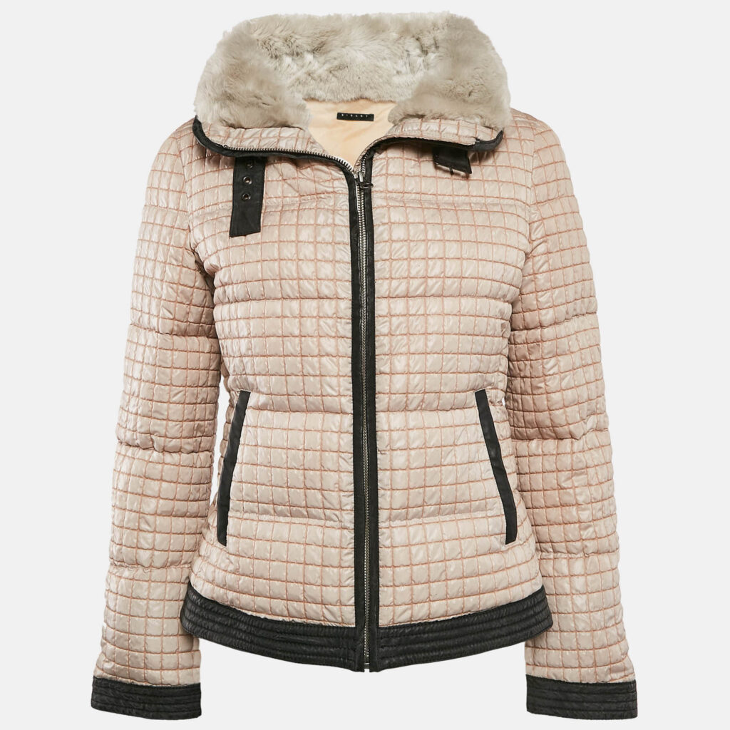 luxury-women-sisley-used-clothes-p1093608-001 Sisley Beige Crepe Fur Collar Detail Quilted Puffer Jacket M