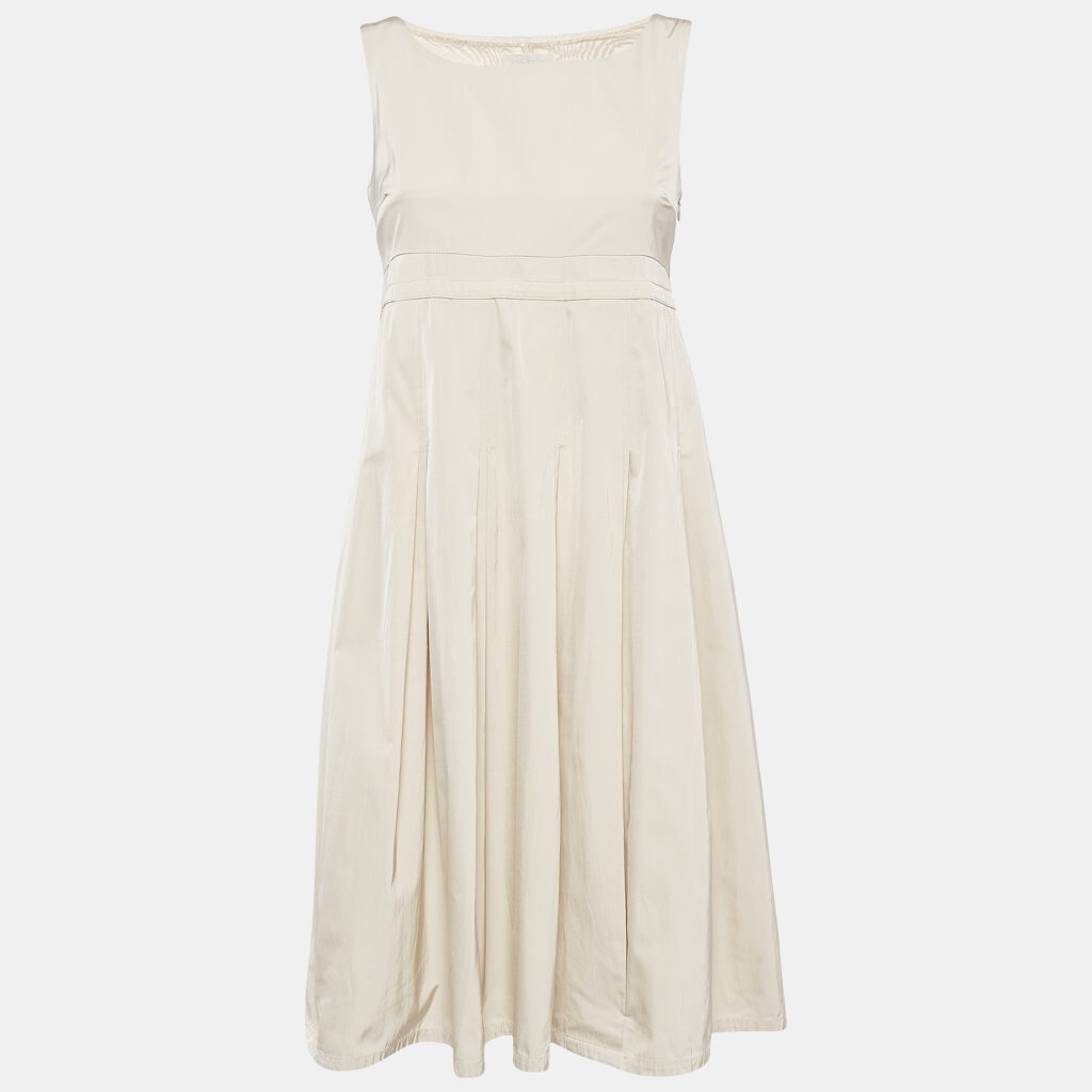 luxury-women-smax-mara-used-clothes-p1039866-002 S'Max Mara Beige Cotton Blend Pleated Sleeveless Dress S